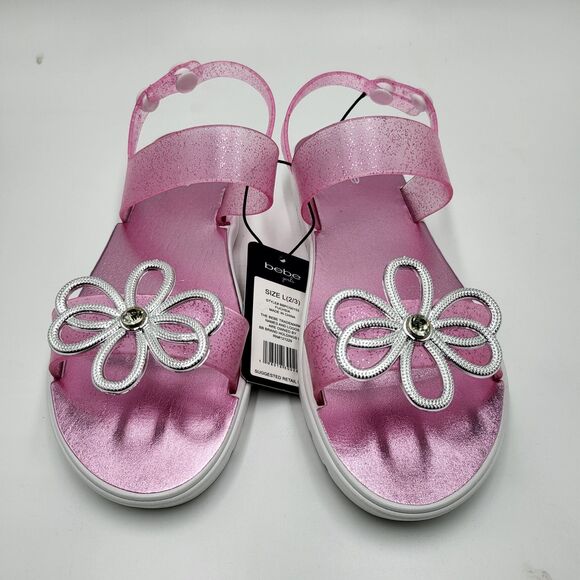BEBE GIRLS NWT  pink fuchsia & silver size 2/3 press stud jelly sandals - Picture 2 of 6